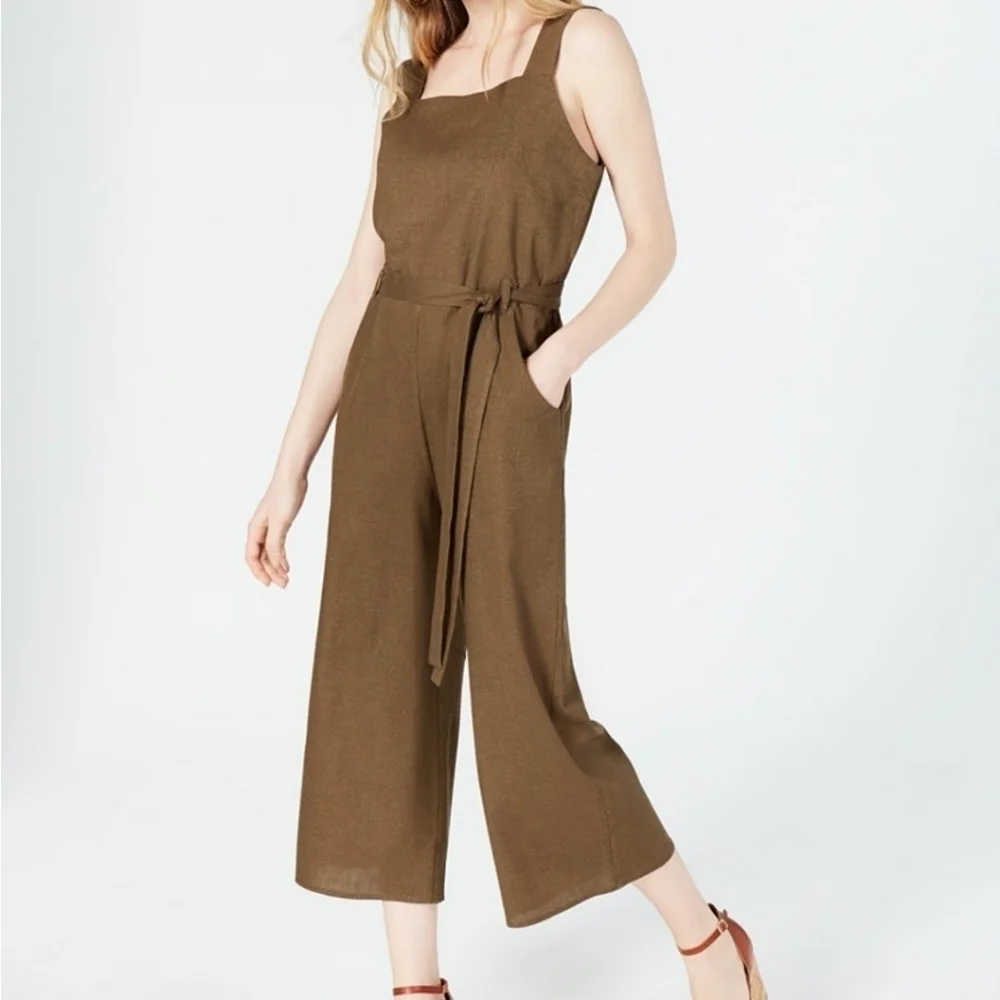 Monteau Black Linen Rayon Blend Tie-Waist V-Cutout Back Cropped Jumpsuit Size L - Picture 10 of 11